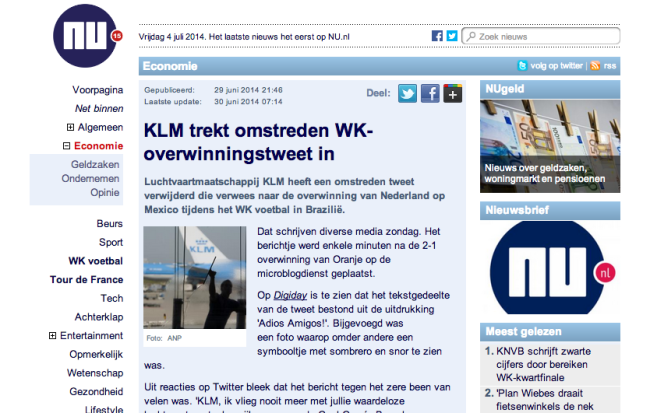 Bericht KLM nu.nl
